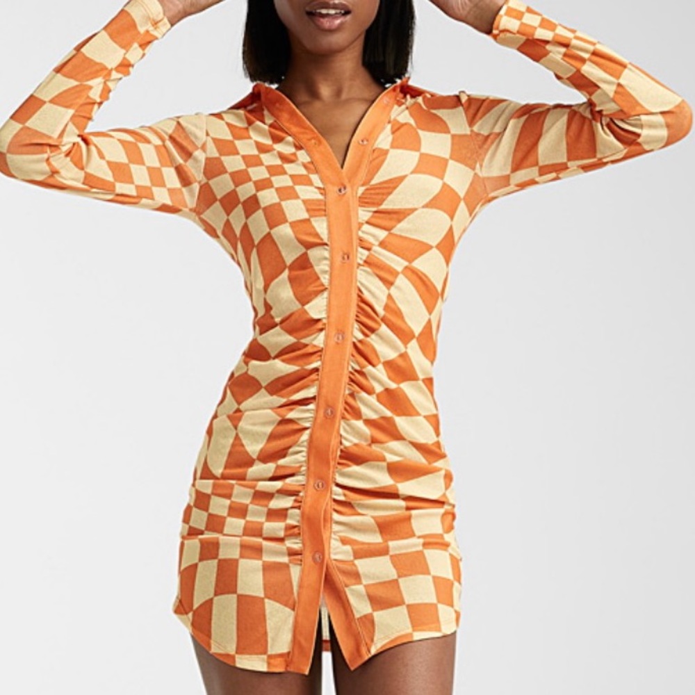 Simons Orange and Cream Checkered Long Sleeve Dress